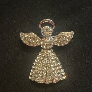 Silver Tone Angel Rhinestone Brooch with Halo